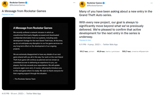 Заявление Rockstar об утечке GTA 6 стало самым популярным игровым постом в истории Twitter